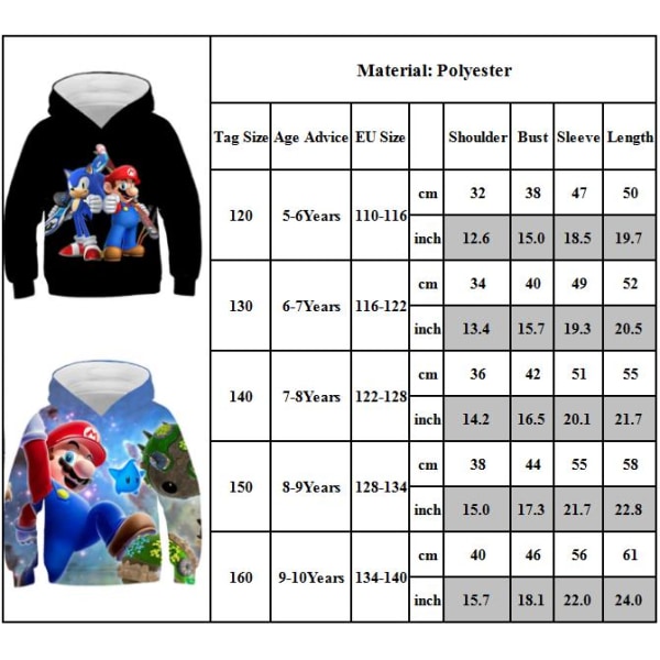 Mario Hoodie Pojkar Flickor Tröja 3D Print Hooded B 160cm