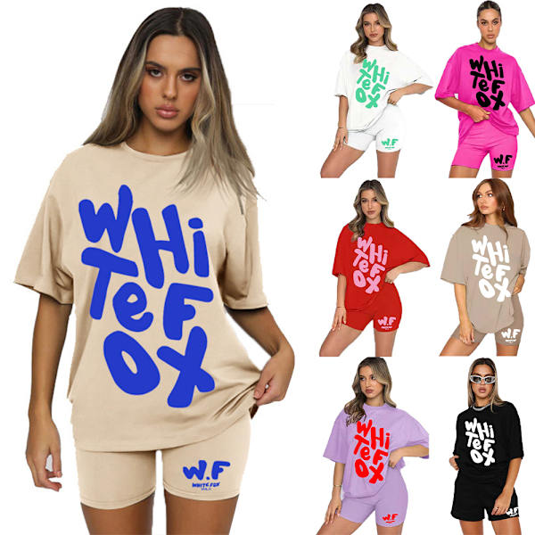 2-pack dam T-shirt och shorts set med vit räv, rund hals, löst sittande topp, korta byxor, avslappnad hemmakläder Red L