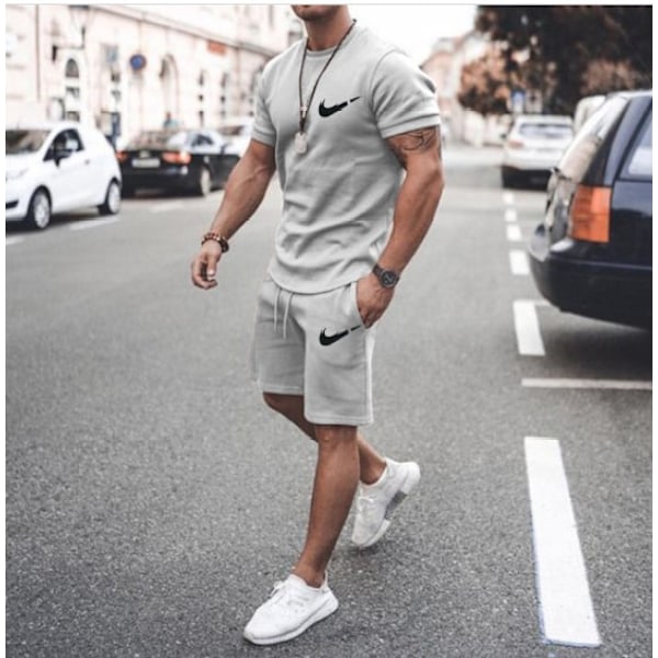 Män Herr T-shirt Toppar + Shorts Byxor Sport Sweatsuit Sommar Casual Tracksuit Set Light Grey 2XL