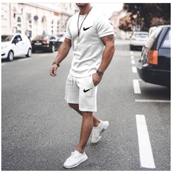 Män Herr T-shirt Toppar + Shorts Byxor Sport Sweatsuit Sommar Casual Tracksuit Set White 3XL