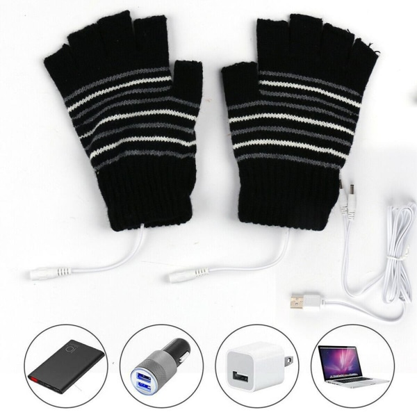 Vintervarm halvfinger elvärmehandske USB uppvärmda handskar Black white stripes