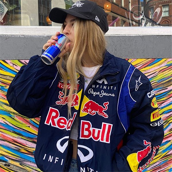 Red Bull Jacka Motorcykel Stil Färgblockering Tryckt Casual Lös Långärmad Vindjacka XL