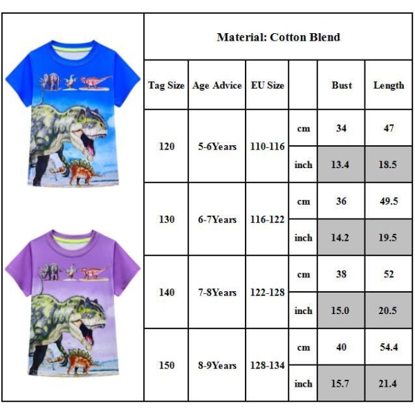 Dinosaurie T-shirt Animal Print Sommar Kortärmade Toppar Barn Pojkar Lila 8-9 år = EU 128-134