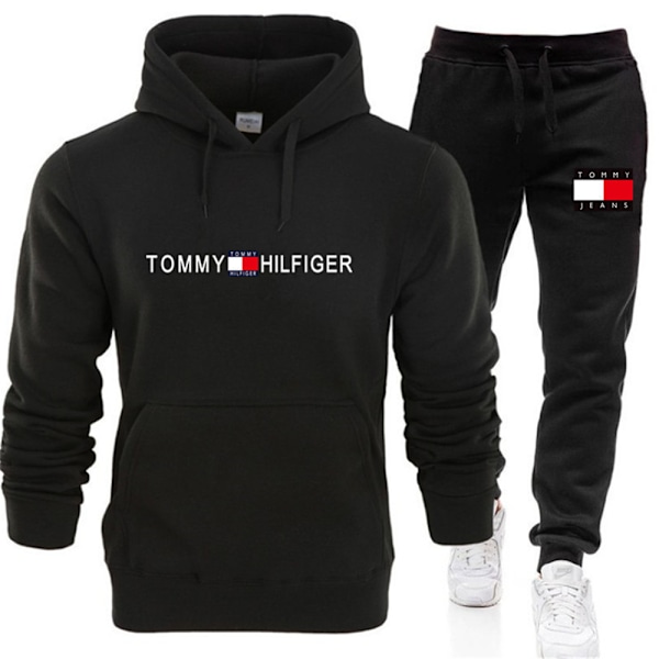 Män TommyHilfiger Träningsoverall Hoodie Långärmad Tröja Byxor Set Toppar Outfits Black L