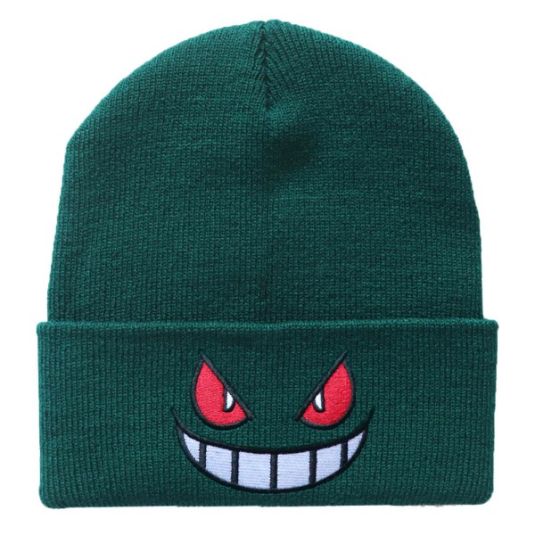 Anime Elf Pet Eyes Mouth Brodery Beanie Hat Men Warm Cap blackish green