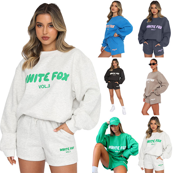 Kvinnors modebutik White_Fox Hoodie Tracksuit Set Sweatshirt Byxor Shorts Set Dark Grey S