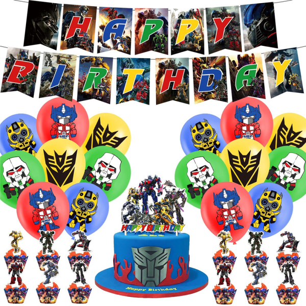 Transformers Grattis på födelsedagen Dekorationer Banner Ballonger Cupcake Cake Topper Supplies Kit