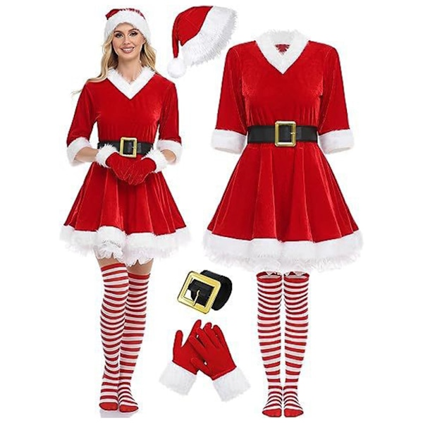 Julklänning för kvinnor, halvärmad, V-ringad, fru Santa Claus-kostym, elegant cosplay-outfit, festklänning 2XL