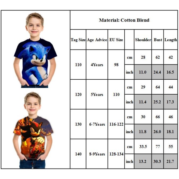 Sonic The Hedgehog T-shirt för barn Pojkar Kortärmad T-shirt A 140cm