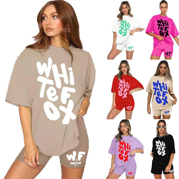 2-pack dam T-shirt och shorts set med vit räv, rund hals, löst sittande topp, korta byxor, avslappnad hemmakläder Red 3XL