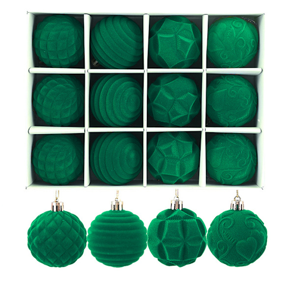 12-pack Julgransprydnader i Sammet, Flockade Hängande Klot, Julkulor Green