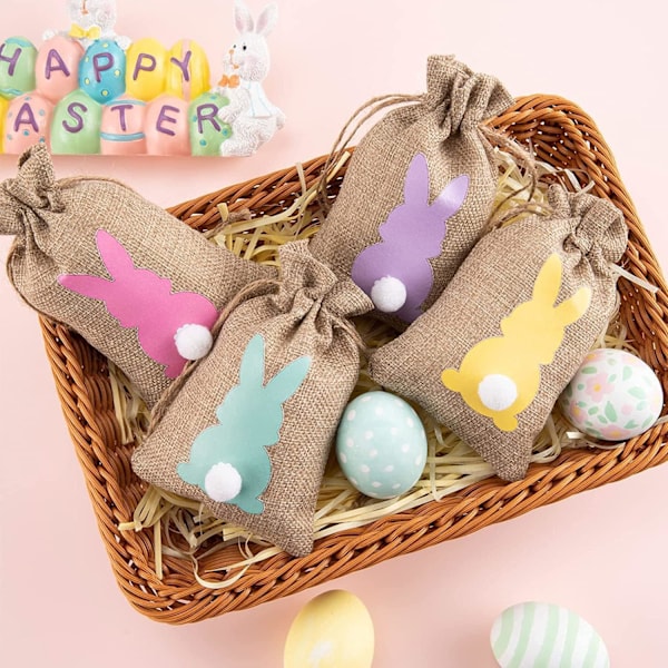 24 st Påskhare Presentpåsar med Dragsko Godispåsar för Födelsedag Bröllop Fest Favörer Dekorationsmaterial 24PCS 10*15CM