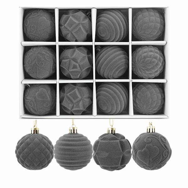 12-pack Julgransprydnader i Sammet, Flockade Hängande Klot, Julkulor Grey