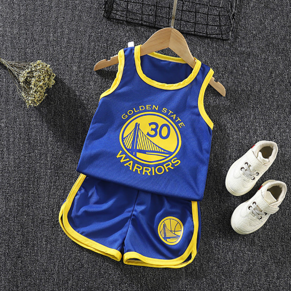 Basketboll Jersey Träningsoverall Kit Tank Top Tröja + Shorts Set Blå Golden State Warriors 30 36-48 Månader