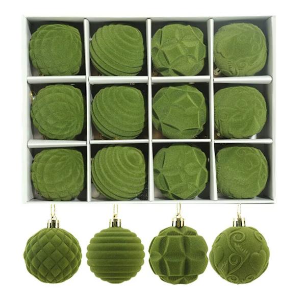 12-pack Julgransprydnader i Sammet, Flockade Hängande Klot, Julkulor Army Green