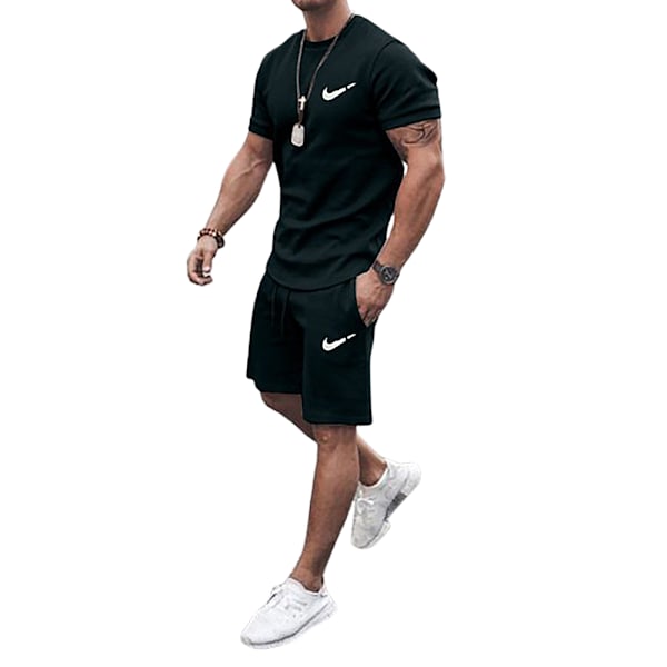 Män Herr T-shirt Toppar + Shorts Byxor Sport Sweatsuit Sommar Casual Tracksuit Set Black 2XL