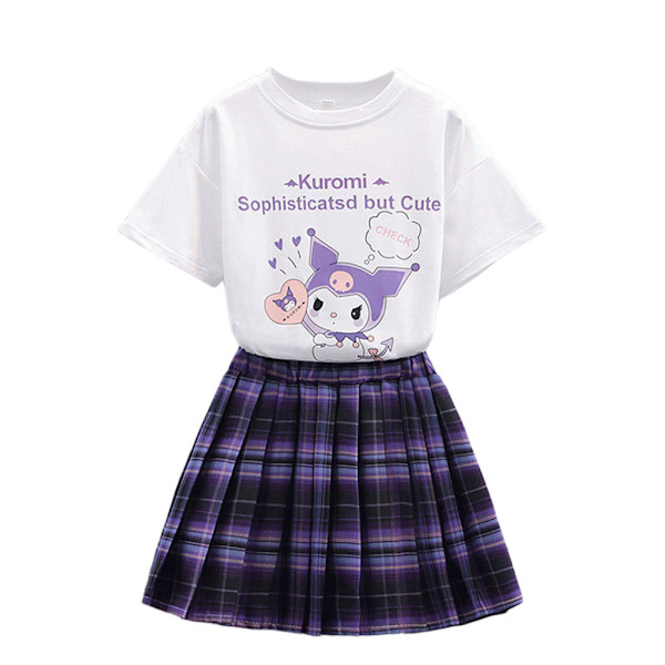 Kuromi Kostym Barn Flickor Sanrio Tecknad T-Shirt Plisserade Kjolar Set Outfit Klänning White 160cm