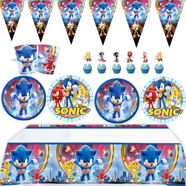 Sonic Party Dekoration Paper Cap Popcorn Box Tallrik Bordsduk Banners Cake Toppers Set
