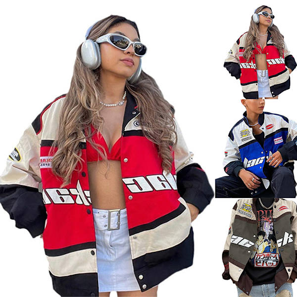 Herr & Dam Retro Racing Cykeljacka Trenchcoat, Färgblockeringstryck Lätt Motorcykel Skollag Jacka Street Jacket Red M