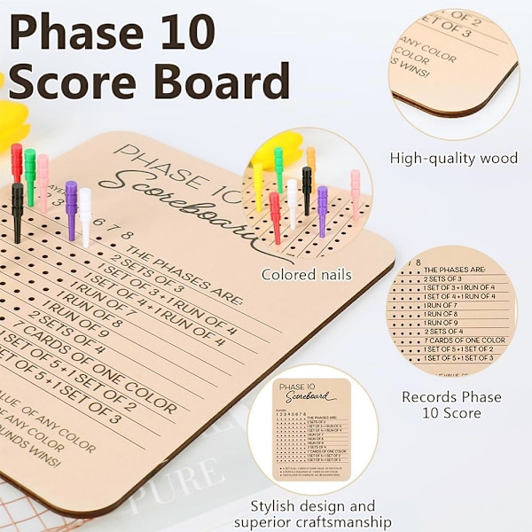 Phase 10 Poängtavla, Trätavla för Phase 10 med 8 Färgade Pinnar, Brädspel
