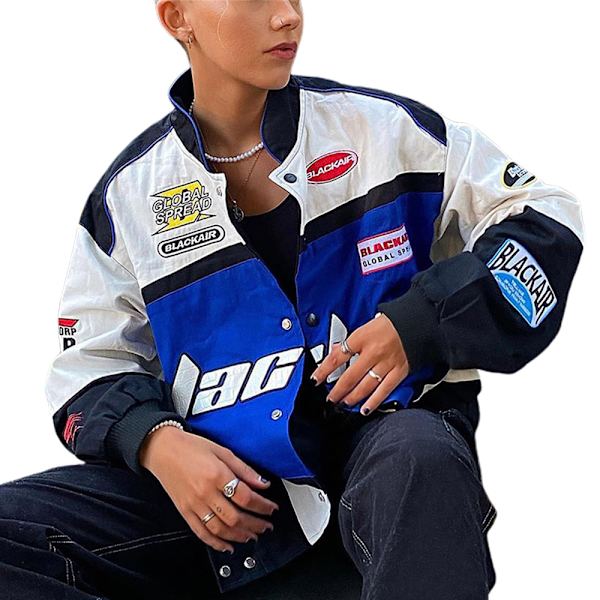 Herr & Dam Retro Racing Cykeljacka Trenchcoat, Färgblockeringstryck Lätt Motorcykel Skollag Jacka Street Jacket Blue M