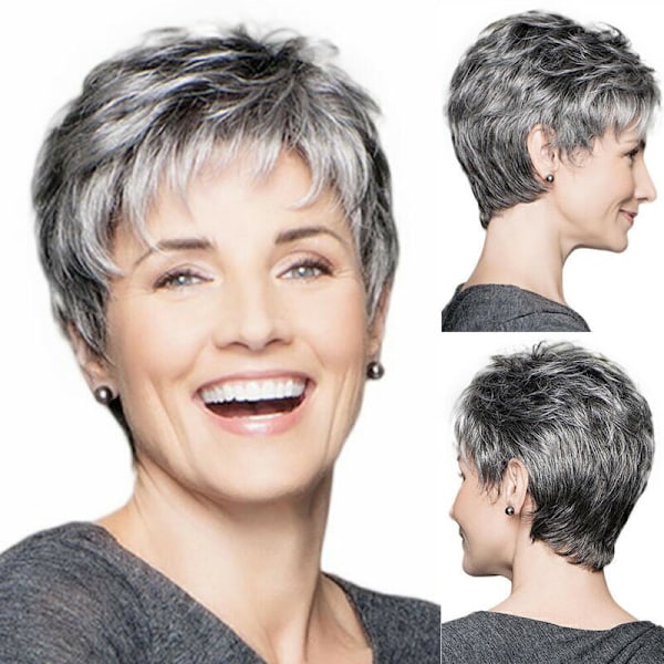 Kort Bob Peruk för Kvinnor Ombre Silver Pixie Cut Äldre Kvinna Daglig Cosplay Peruk