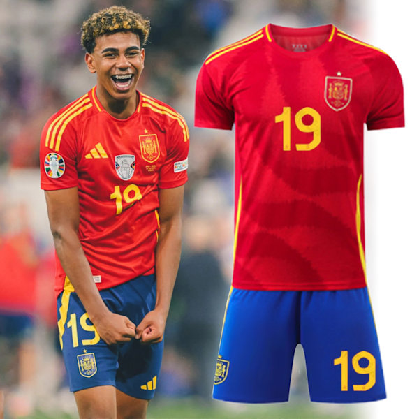 2024 UEFA EM Barnfotbollströja Kit Spanien Hemma Nr.19 LAMINE YAMAL Med T-shirt + Shorts + Strumpor 18