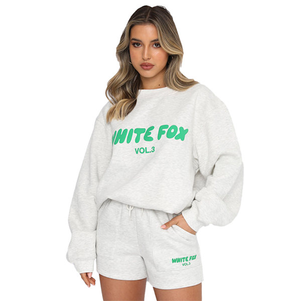 Het säljande dam- och flickkläder White Fox Boutique 2-delars träningsset för kvinnor, avslappnat hoodie och shorts-set White S