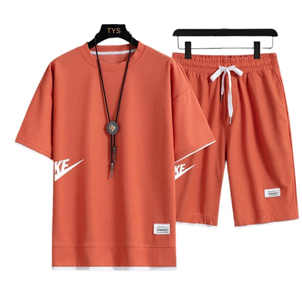 Män Herr T-shirt Toppar + Shorts Byxor Sport Svettdräkt Sommar Casual Tracksuit Set Orange M