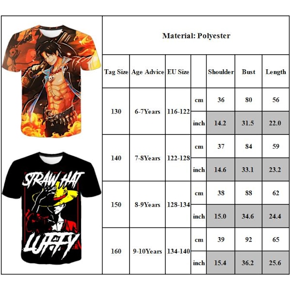 Cartoon Luffy Zoro Ace Print Barn T-shirt med korta ärmar för pojkar och flickor A 140cm