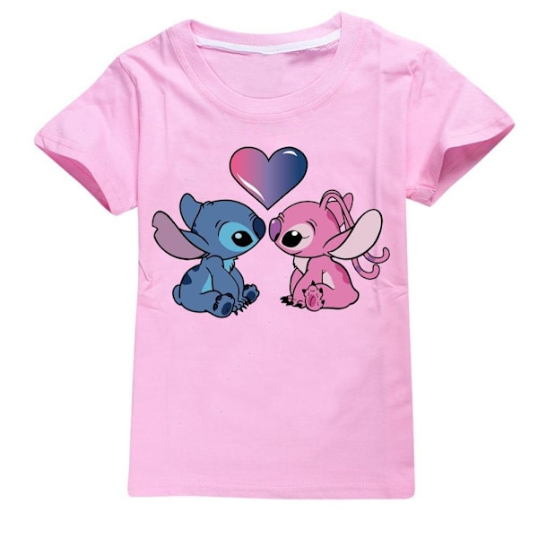 Stitch Pojkar Flickor T-shirts Söta Grafiska Tecknade Tryck Rund Hals Roliga Kortärmade Toppar Vardaglig Vår Sommar Tröja För Barn Pink 140cm
