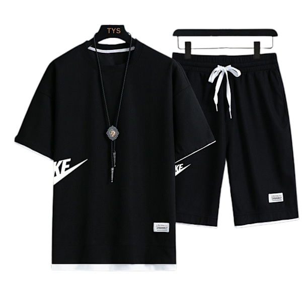 Män Herr T-shirt Toppar + Shorts Byxor Sport Svettdräkt Sommar Casual Tracksuit Set Black M