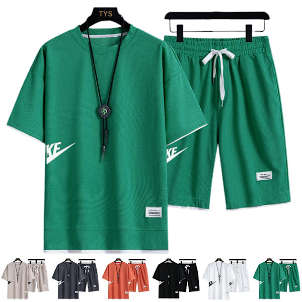 Män Herr T-shirt Toppar + Shorts Byxor Sport Svettdräkt Sommar Casual Tracksuit Set Green L