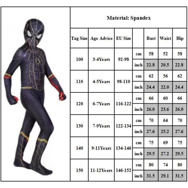 Spider-Man 3: No Way Home Cosplay-dräkt Barn Superhjälte Jumpsuit Black and Gold Spiderman 3-4Years = EU92-98