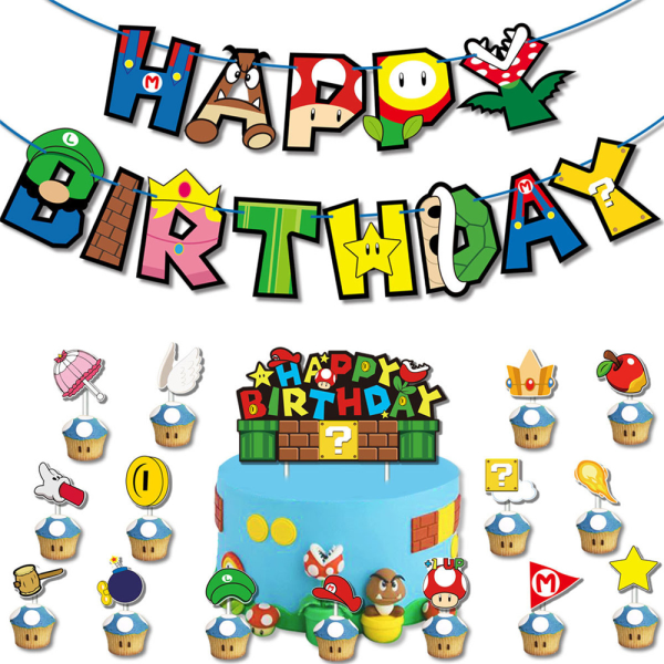 Grattis på födelsedagen Banner hängande dekorationer Ballonger Cake Topper Grön Gul Blå Röd Super Mario Bros