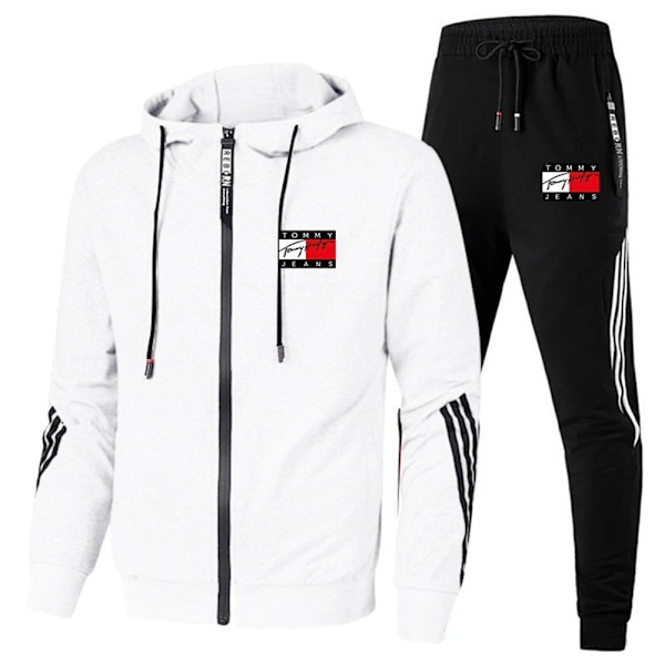 Herr TomyJeans Sport Hoodie Tracksuit Set Långärmad Hel Dragkedja Hoodie Sweatshirt Jacka + Joggingbyxor Sweatpants Outfit Fickor White 2XL