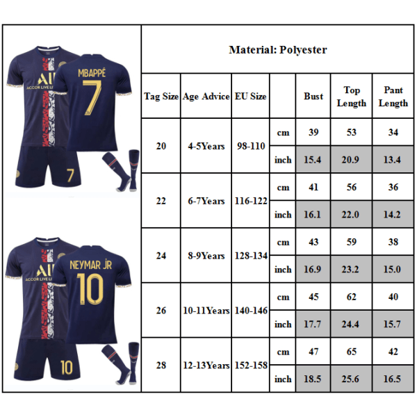 Barnfotbollströja Neymar jr nr 10 Mbappe nr 7 Jersey Fotboll Fotboll Sportkläder #10 4-5Y