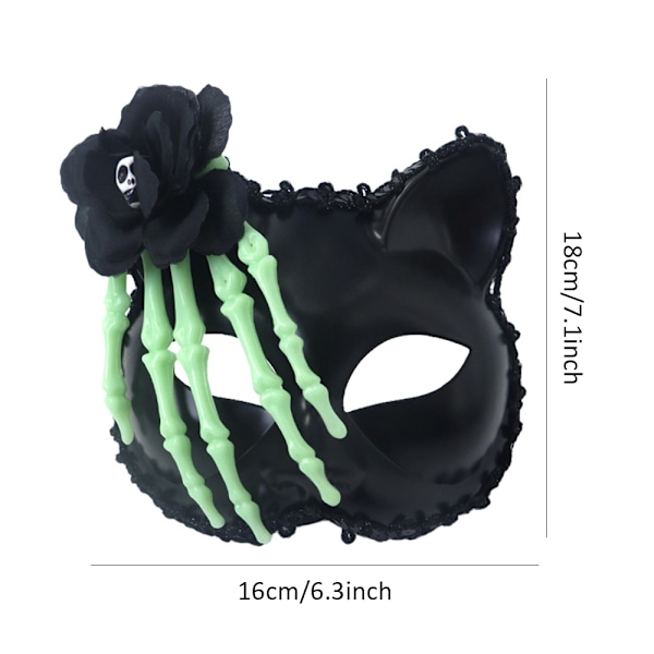 Skalle-Blomma Katt Halv ansiktsmask Vuxen Halloween Maskeradfest Fancy Dress-Up Green