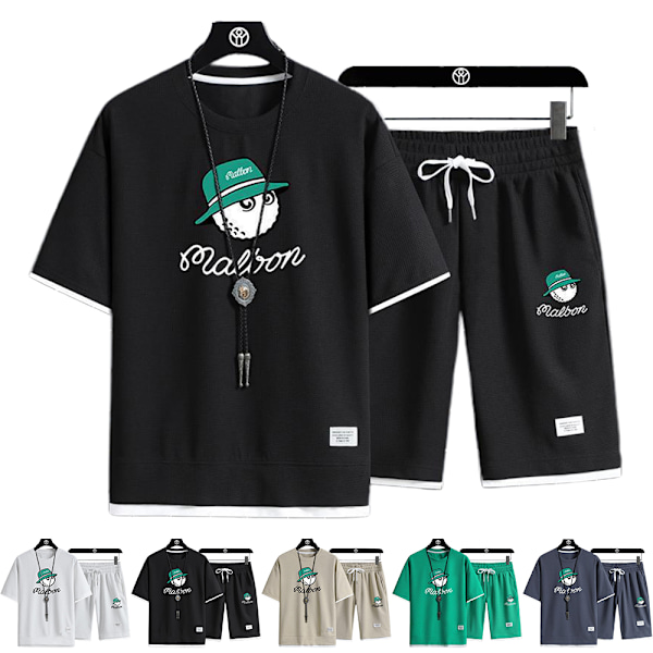 Herrar Walf Rutiga Kortärmad T-shirt Toppar + Shorts Byxor Sport Sweatsuit Sommar Casual Tracksuit Set Green 3XL