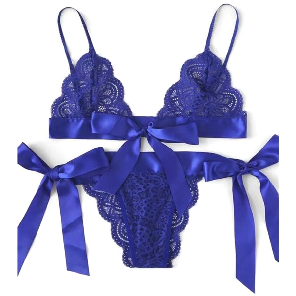 Kvinnors sexiga underklädesset nattkläder bh trosa rosett underkläder Royal Blue M