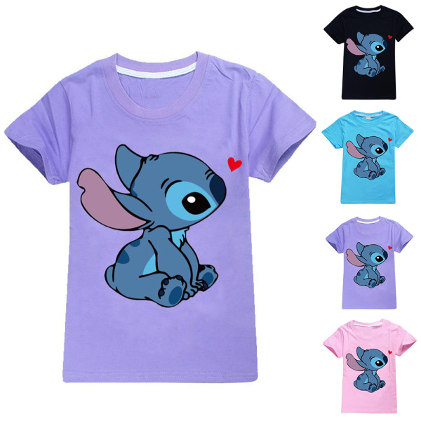 Barn Pojkar Flickor Stitch Print Kortärmad T-shirt Top Casual Tee Shirt Blus Black 7-8 Years