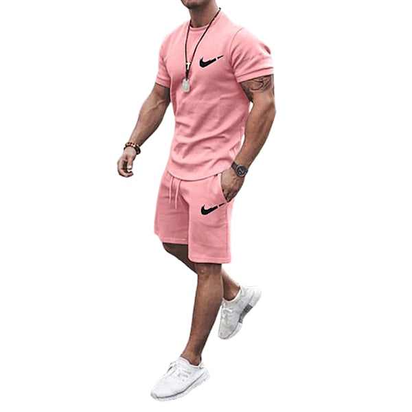 Män Herr T-shirt Toppar + Shorts Byxor Sport Sweatsuit Sommar Casual Tracksuit Set Pink 5XL