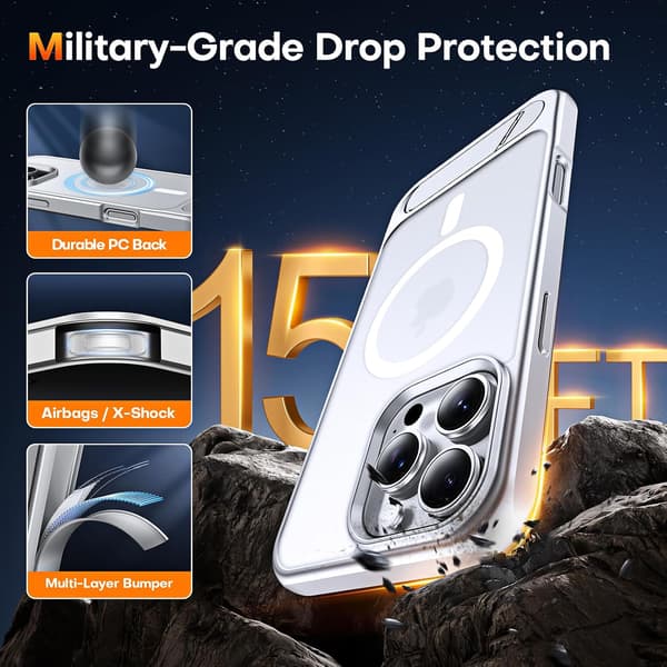 iPhone 16 Pro 6.3 \" Case with Stand, MagSafe Compatible, Military Grade Protection, Transparent Matte Back Kickstand Shockproof Case - Silver