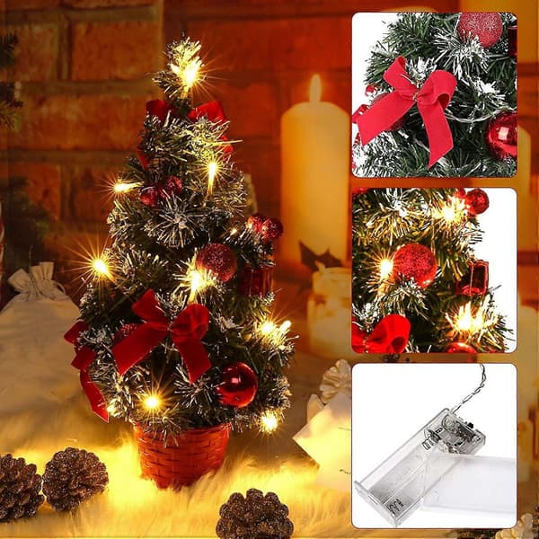 Luminous Artificial Christmas Tree with White Snow, 40 cm Small Tabletop Christmas Tree LED String Lights with Bow and Pine Cone