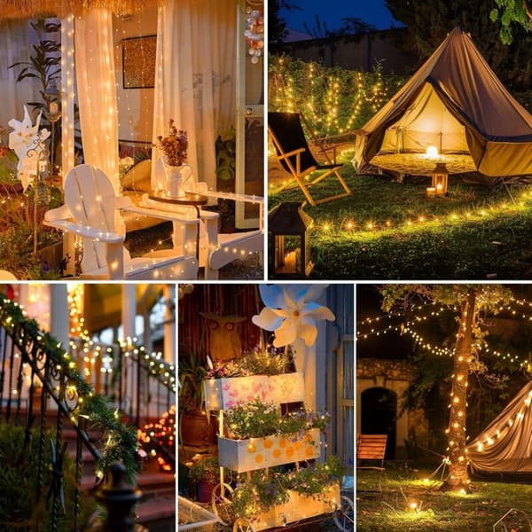 12M 100 LED Outdoor Solar String Lights - 3pcs Waterproof Warm White 8 Modes Solar Decoration