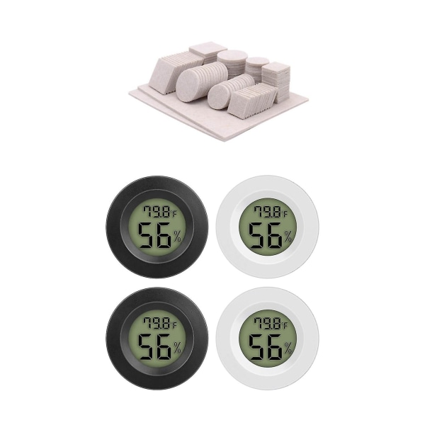 4 stk. Mini Digital Hygrometer Termometer med 98 stk. Filt Møbelgulvbeskyttelsesmåtter