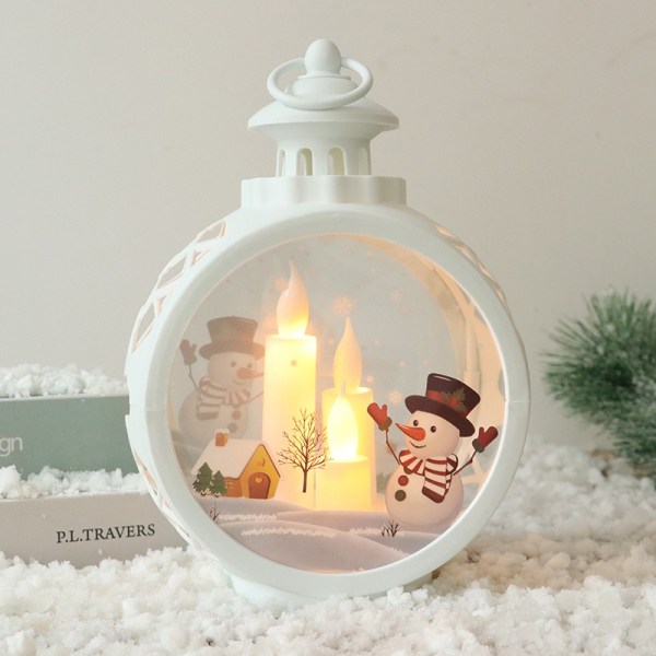 Hvit julenisse julepynt forsyninger led stearinlys, rundt julehengende lys bærbar retro vindusdekorasjon