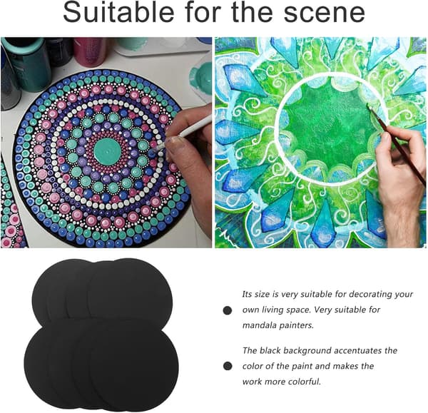 8 stykker Mandala Malepapir Runde Sorte Kartonskiver til DIY Kunst- og Håndværksprojekter