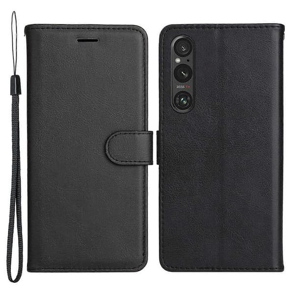 For Sony Xperia 1 V Case Solid Color Leather Phone Cover Wallet Stand with Strap - Black