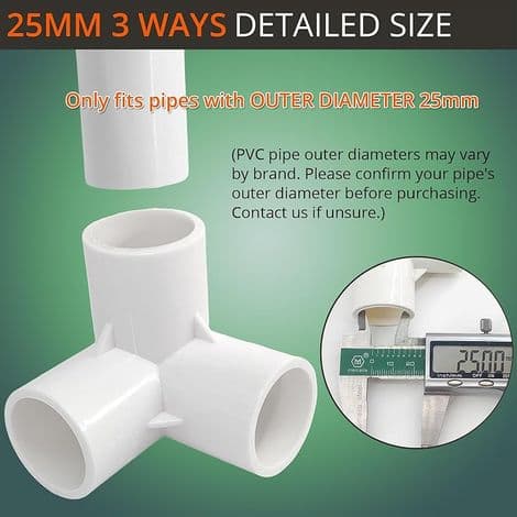 10-pakning 3-veis PVC-koblinger, 25 mm, for drivhus og møbelrammer